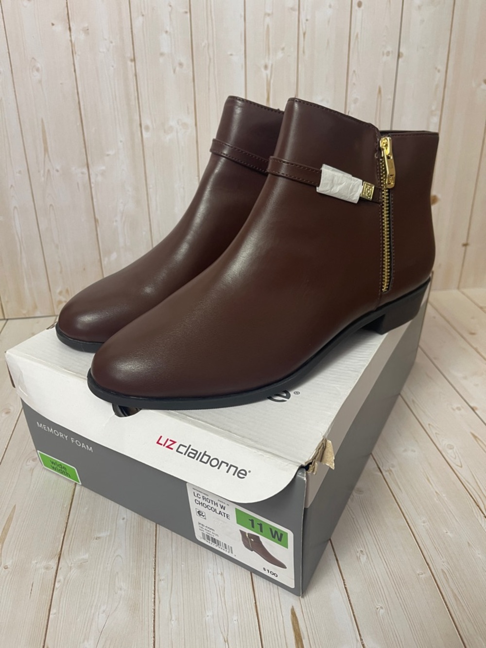 Liz Claiborne Brown Leather Ankle Booties with Gold Zip Size 11 W